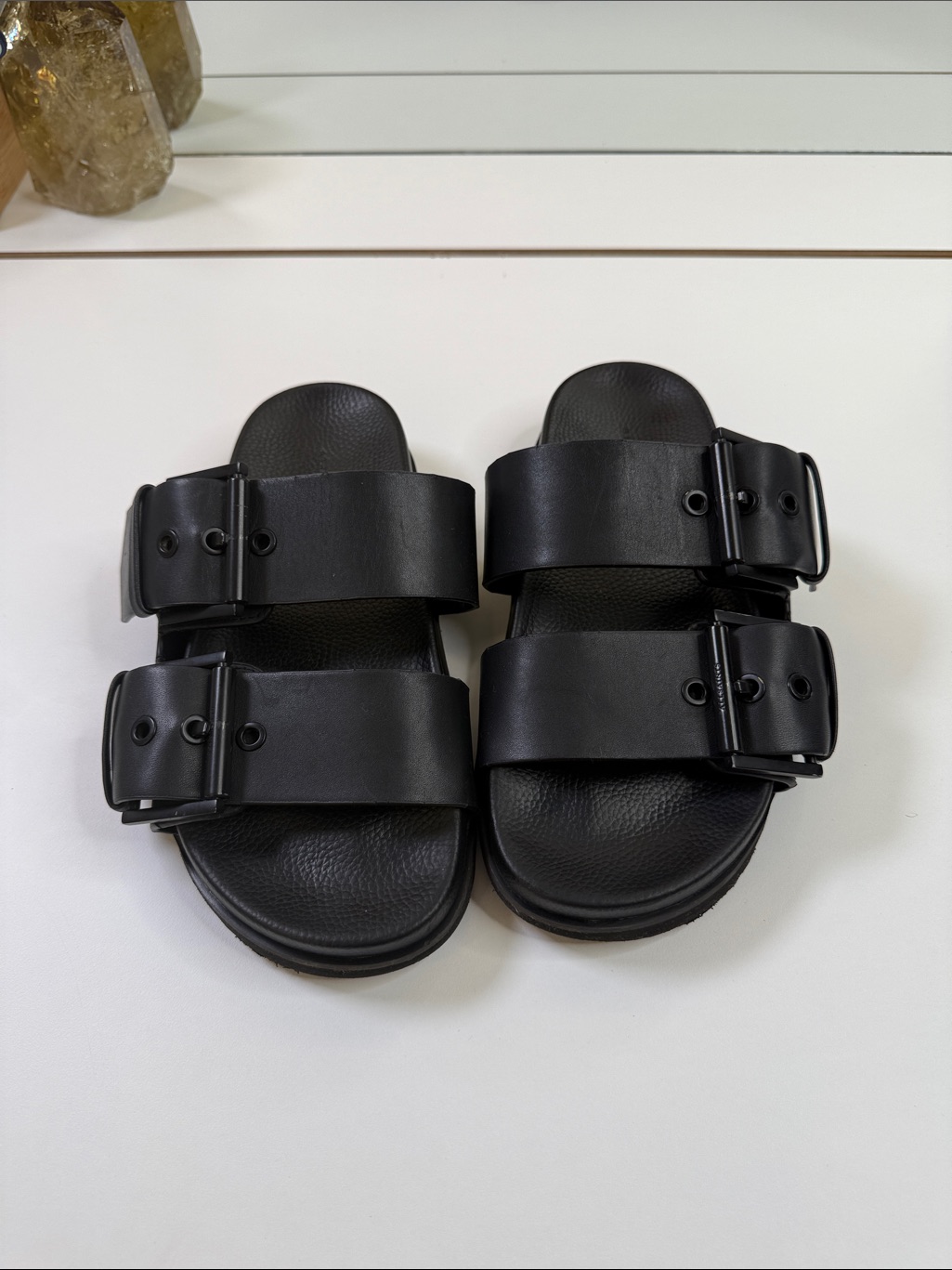 Allsaints Sian Black Leather Double Buckle Slide Sandals Size 7